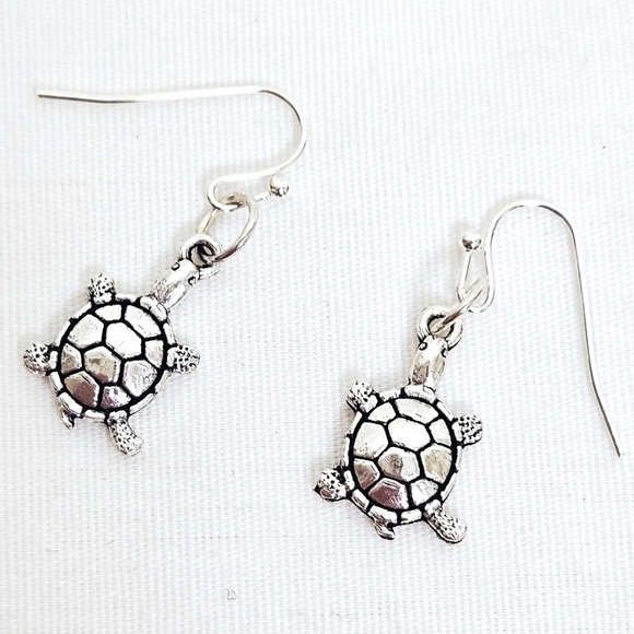 Dainty Turtle Earrings in Antique Silver Finish - Picture 1 of 5